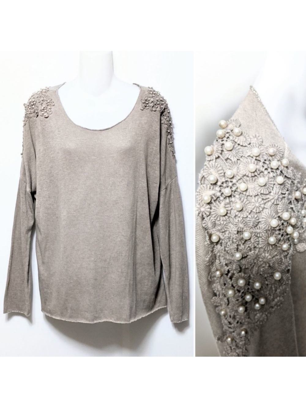 TEMPO PARIS Pearl Embellished Metallic Sweater M/L